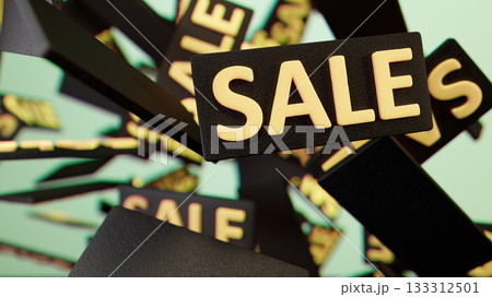 Sales Frenzy: Floating Sale Signs Create a Dynamic, Busy Retail Scene with Excitement and Energy 133312501