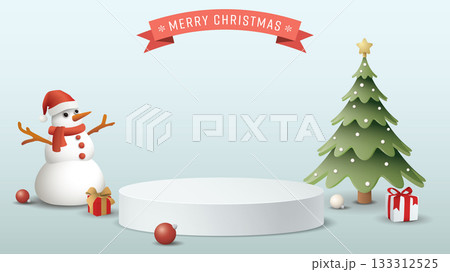 3D Blank podium with Christmas elements and Merry Christmas calligraphy in red ribbon on light blue background graphic illustration. 3D Blank podium with Christmas elements and Merry Christmas calligraphy in red ribbon on light blue background graphic illustration. 133312525