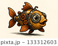 Smiling steampunk robo cartoon fish with antenna isolated on white background 133312603
