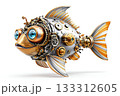Futuristic steampunk robo cartoon fish with glowing blue eyes on white background 133312605