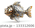 Metal scale steampunk robo cartoon fish with bright lens eye on white background 133312606