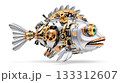 Complex steampunk robo cartoon fish packed with gears on white background 133312607
