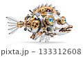 Aggressive steampunk robo cartoon fish with open metal jaw on white background 133312608