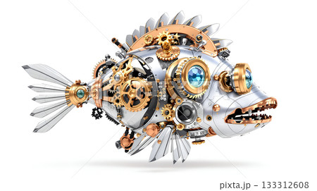 Aggressive steampunk robo cartoon fish with open metal jaw on white background Aggressive steampunk robo cartoon fish with open metal jaw on white background 133312608