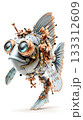 Flying steampunk robo cartoon fish with wide fin wing on white background 133312609