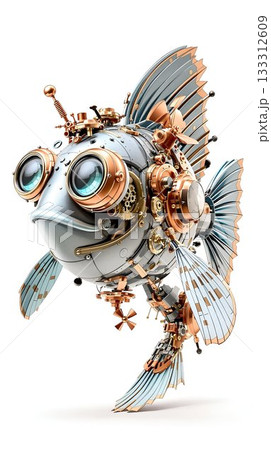 Flying steampunk robo cartoon fish with wide fin wing on white background Flying steampunk robo cartoon fish with wide fin wing on white background 133312609