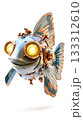 Glowing eye steampunk robo cartoon fish isolated on white background 133312610