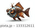 Rusty blue steampunk robo cartoon fish with propeller on white background 133312611