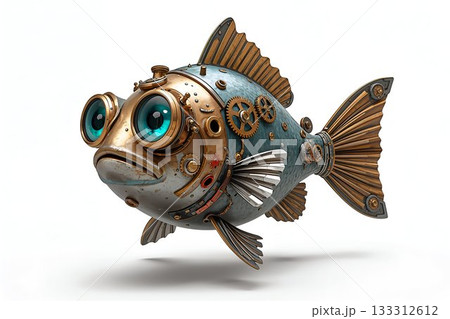 Big blue eye steampunk robo cartoon fish isolated on white background Big blue eye steampunk robo cartoon fish isolated on white background 133312612