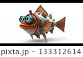 Cracked shell steampunk robo cartoon fish with bright eyes on white background 133312614