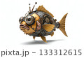 Golden body steampunk robo cartoon fish isolated on white background 133312615