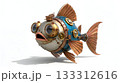 Blue shell steampunk robo cartoon fish with open mouth on white background 133312616
