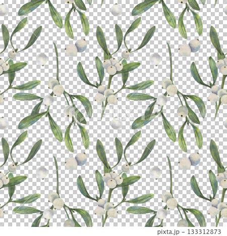 Hand drawn mistletoe pattern illustration shows green leaves and white berries in watercolor style with natural palette for wrapping paper textiles cards festive decor print use winter art element 133312873