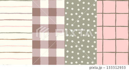 Earthy tones and pink seamless vector patterns set with dots, check, stripes and gingham designs, organic natural uneven lines backgrounds Earthy tones and pink seamless vector patterns set with dots, check, stripes and gingham designs, organic natural uneven lines backgrounds 133312933