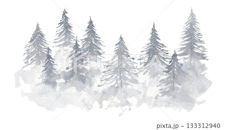 Light gray misty gradient watercolor illustration of textured coniferous fir forest. Winter evergreen watercolour pine trees print for winter Christmas design, poster, decor element, sticker 133312940