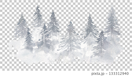 Light gray misty gradient watercolor illustration of textured coniferous fir forest. Winter evergreen watercolour pine trees print for winter Christmas design, poster, decor element, sticker 133312940