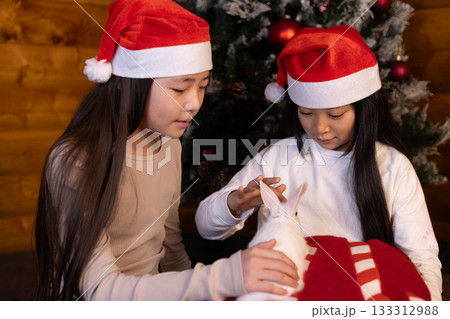 girls are interacting with a small white rabbit on a red Christmas-themed pillow girls are interacting with a small white rabbit on a red Christmas-themed pillow 133312988