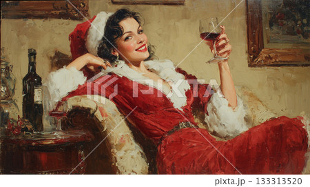 女性がグラスを掲げ微笑む夜 女性がグラスを掲げ微笑む夜 133313520