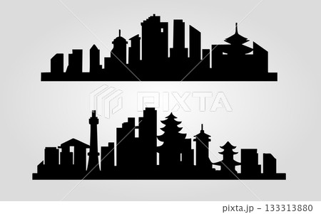 Asian City Skyline Silhouette Temple and Modern Building Set Illustration. Vector illustration. Asian City Skyline Silhouette Temple and Modern Building Set Illustration. Vector illustration. 133313880