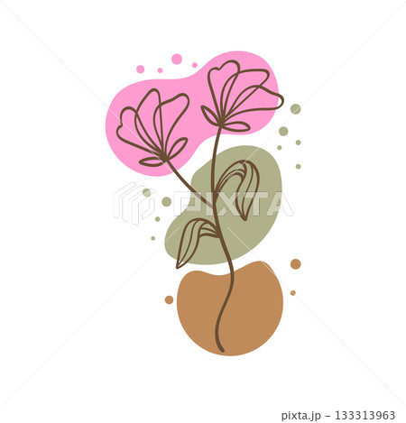 Flowers one continuous line art with abstract pink green and brown shapes vector illustration Flowers one continuous line art with abstract pink green and brown shapes vector illustration 133313963