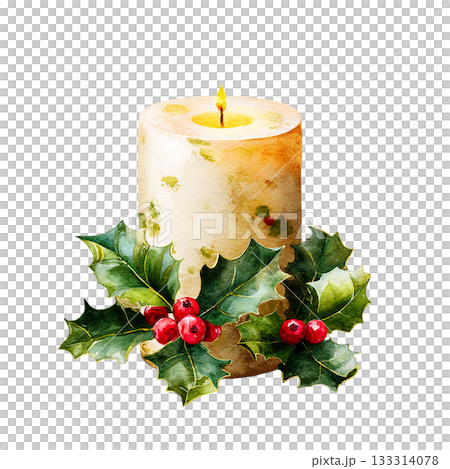 聖誕蠟燭和冬青水彩插畫素材 133314078