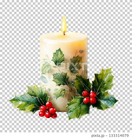 聖誕蠟燭和冬青水彩插畫素材 133314079