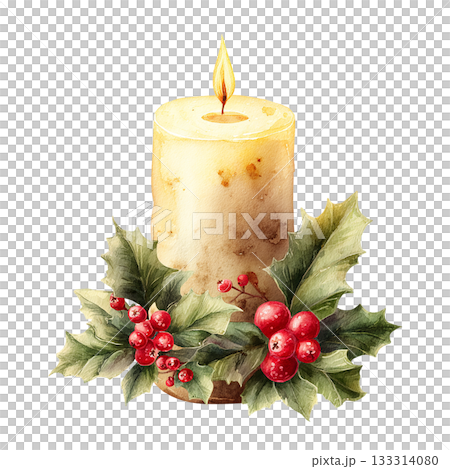 聖誕蠟燭和冬青水彩插畫素材 133314080