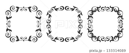 Square ornamental frame set. Floral decorative border edge. Vintage outline curved filigree abstract natural motif. Detailed elegant lace trim, symmetric pattern. Emblem template copy space Square ornamental frame set. Floral decorative border edge. Vintage outline curved filigree abstract natural motif. Detailed elegant lace trim, symmetric pattern. Emblem template copy space 133314089