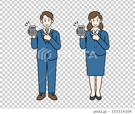 Men and women in suits smiling and making an OK pose Full-body illustration of an office worker holding a calculator Men and women in suits smiling and making an OK pose Full-body illustration of an office worker holding a calculator 133314104