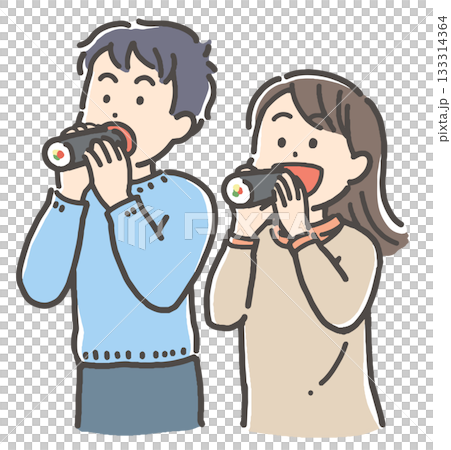 A young couple eating Ehomaki (thick roll) sushi for Setsubun A young couple eating Ehomaki (thick roll) sushi for Setsubun 133314364
