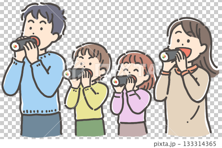 A family of four eating Ehomaki (thick roll) sushi for Setsubun A family of four eating Ehomaki (thick roll) sushi for Setsubun 133314365