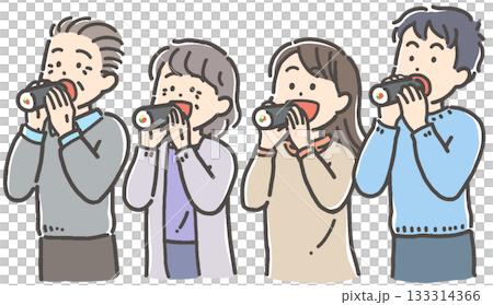 Four men and women eating Ehomaki (thick roll) sushi for Setsubun Four men and women eating Ehomaki (thick roll) sushi for Setsubun 133314366