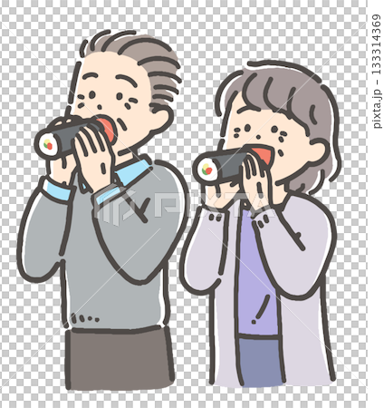 一對老年夫婦在節分享用江方卷壽司。 133314369