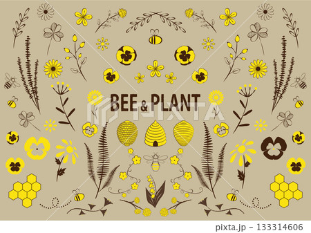 植物セット　植物　花　蜂　手描き 133314606