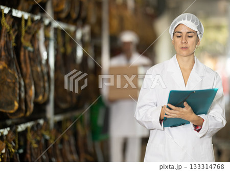 Female worker counts the amount of jamon in workshop Female worker counts the amount of jamon in workshop 133314768