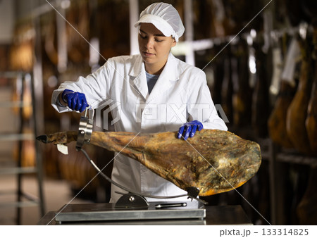Girl factory worker places hamon in cutting device jamonero 133314825