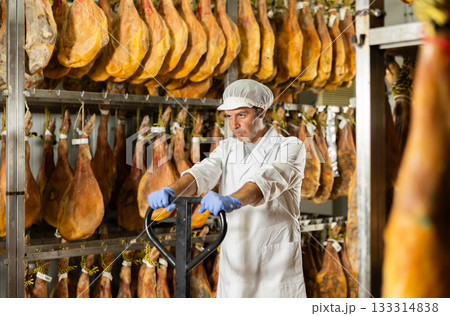 In jamon production shop, man employee pushes heavy cart with cargo. 133314838