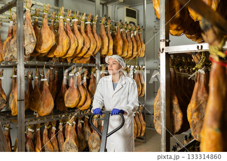 In jamon production shop, girl employee pushes heavy cart with cargo. 133314860
