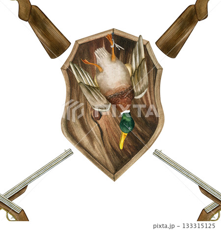 Seamless pattern of hunting trophies. Crossed guns. Hand-drawn watercolor illustration. Isolated on a white background. 133315125