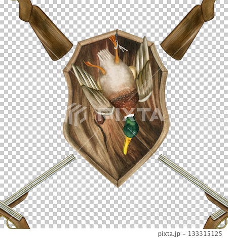 Seamless pattern of hunting trophies. Crossed guns. Hand-drawn watercolor illustration. Isolated on a white background. 133315125