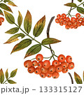 Rowan branch and berries. Watercolor illustration, seamless pattern. Hand-drawn, isolated on a white background. For textiles and scrapbooking.  133315127