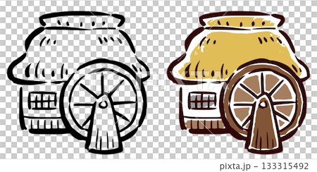 水車 - 手繪筆觸插圖 - 線條藝術和色彩 133315492