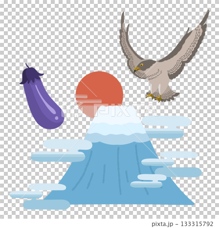 富士山と鷹と茄子の初夢のシンプルなイラスト 133315792