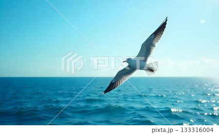 A seagull soaring over the ocean, illustrating the beauty of biodiversity and the long journeys of migratory birds A seagull soaring over the ocean, illustrating the beauty of biodiversity and the long journeys of migratory birds 133316004