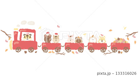 やさしいどうぶつ日和｜秋の動物列車イラスト（落ち葉・どんぐり） 133316026