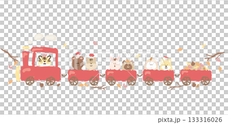 やさしいどうぶつ日和｜秋の動物列車イラスト（落ち葉・どんぐり） 133316026