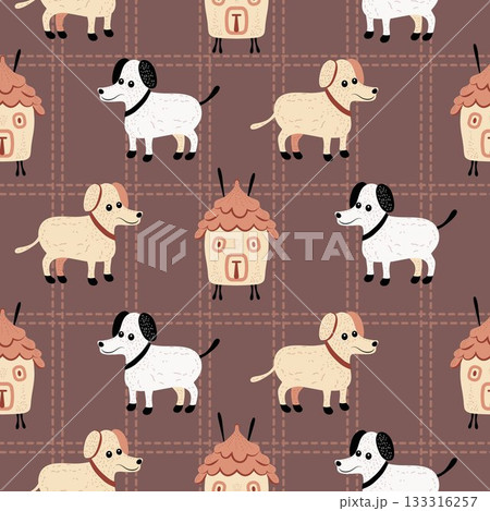 A fun seamless pattern featuring cute dogs and doghouses on a checkered background. Perfect for kids products, textiles, packaging, and prints 133316257