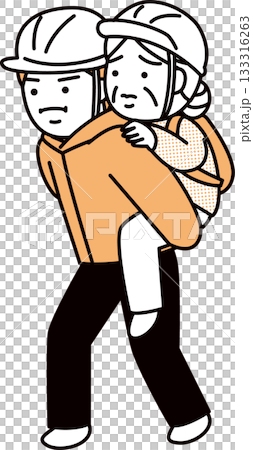 高齢者を背負って避難する男性 133316263