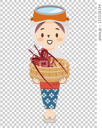 Illustration of a female diver putting spiny lobster into a rocky oak barrel. Mie Prefecture's traditional fishing industry and specialties. 133316334