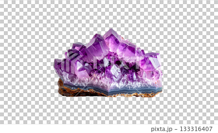 Purple quartz amethyst crystal and gemstones isolated on white background. 133316407